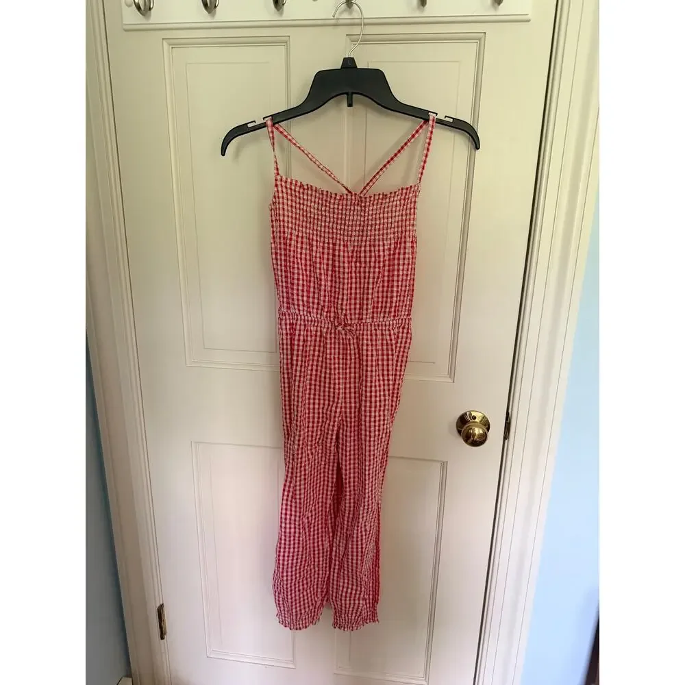 H&M Girls Pink and White Gingham Smocked Jumpsuit Size 5-6